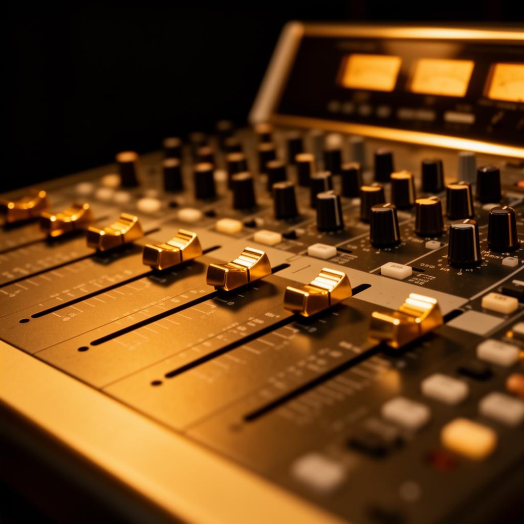 Audio mixing console with gold faders